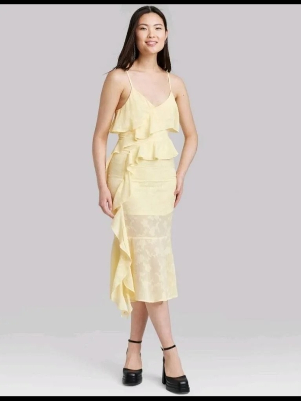 wild fable Pale Yellow Ruffle Midi Dress